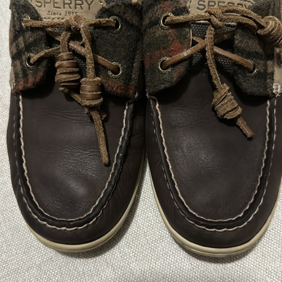 Sperry Top Sider Shoes-Wmns Sz 9-Dark Brown with Plaid Flannel Trim-Leather Ties - Picture 5 of 15
